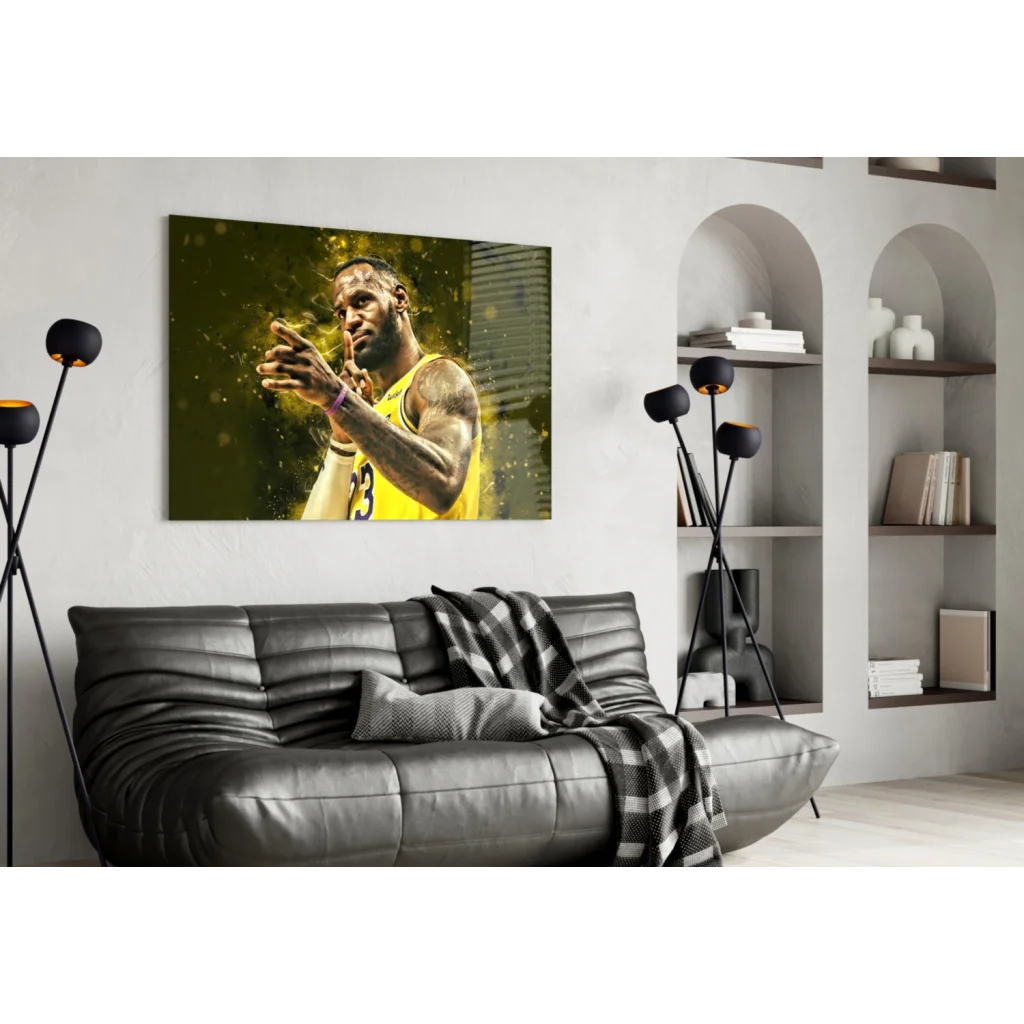 Vibrant LeBron James Lakers wall art canvas on white wall