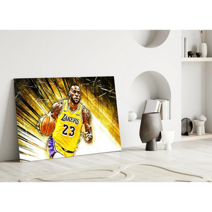 LeBron James Lakers glass wall art canvas print in vibrant yellow purple gold
