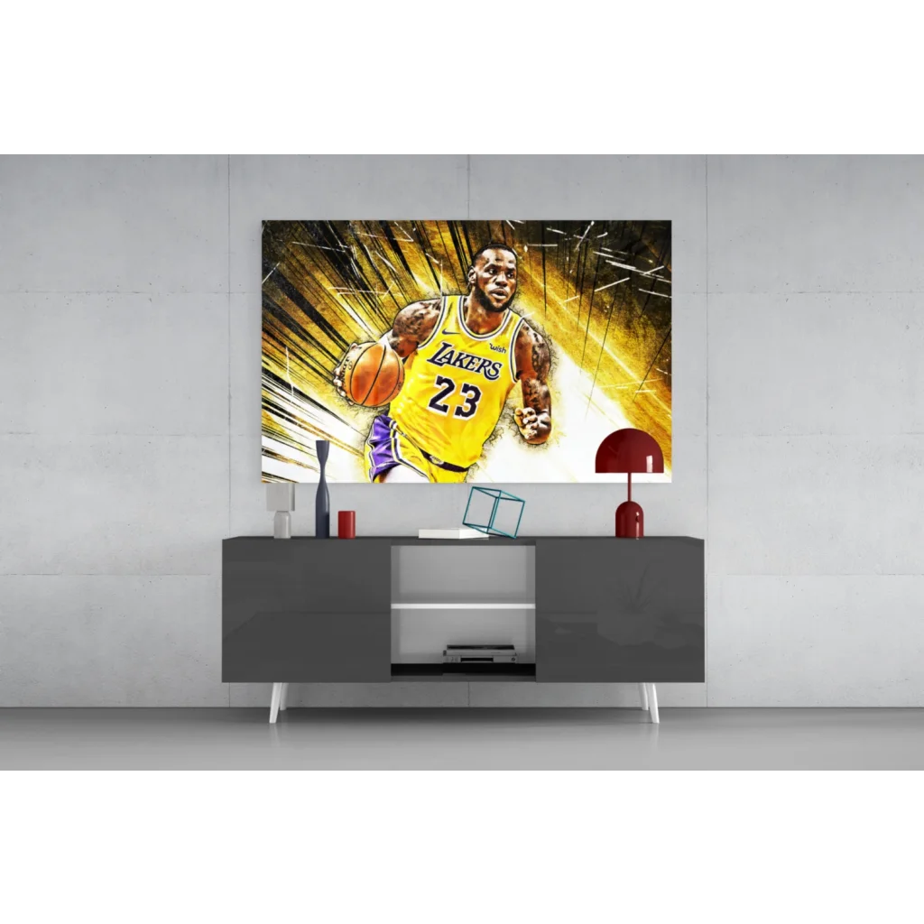 LeBron James Lakers glass wall art with vibrant yellow purple jersey and golden streaks