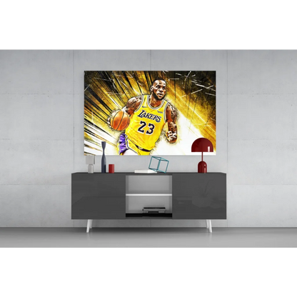 LeBron James Lakers glass wall art with vibrant yellow purple jersey and golden streaks