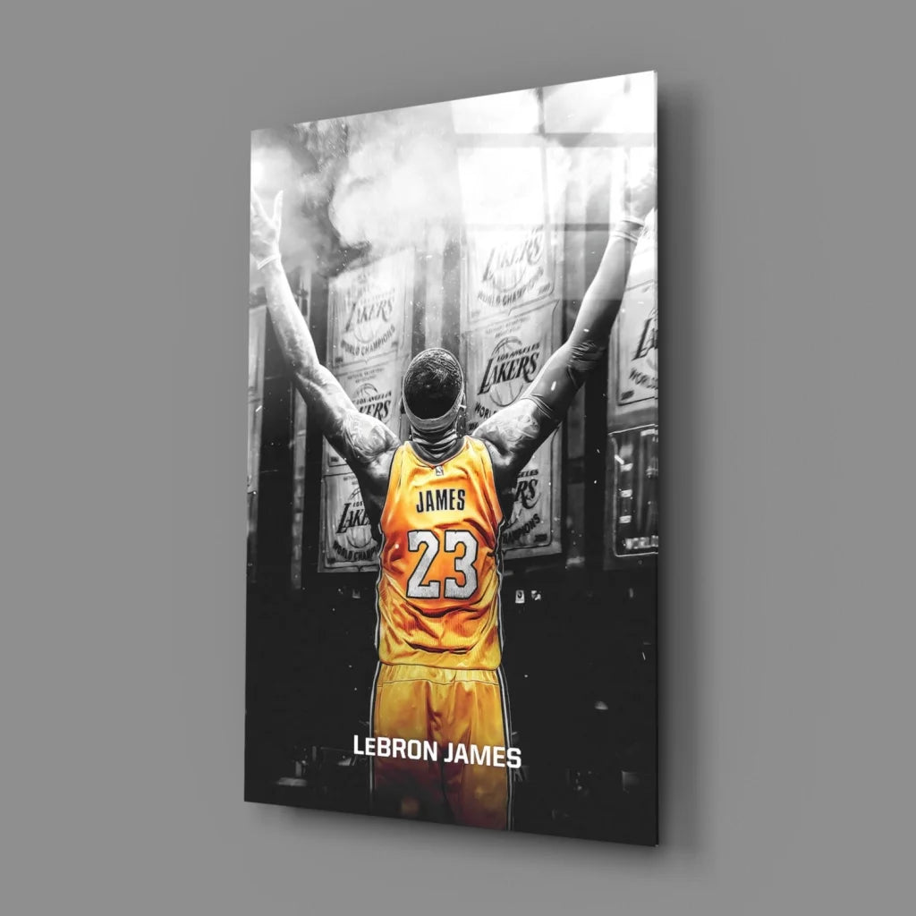 LeBron James Lakers championship glass wall art with vibrant yellow jersey
