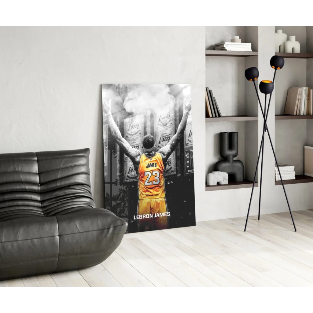 LeBron James Lakers glass wall art with yellow jersey 23 on banners backdrop