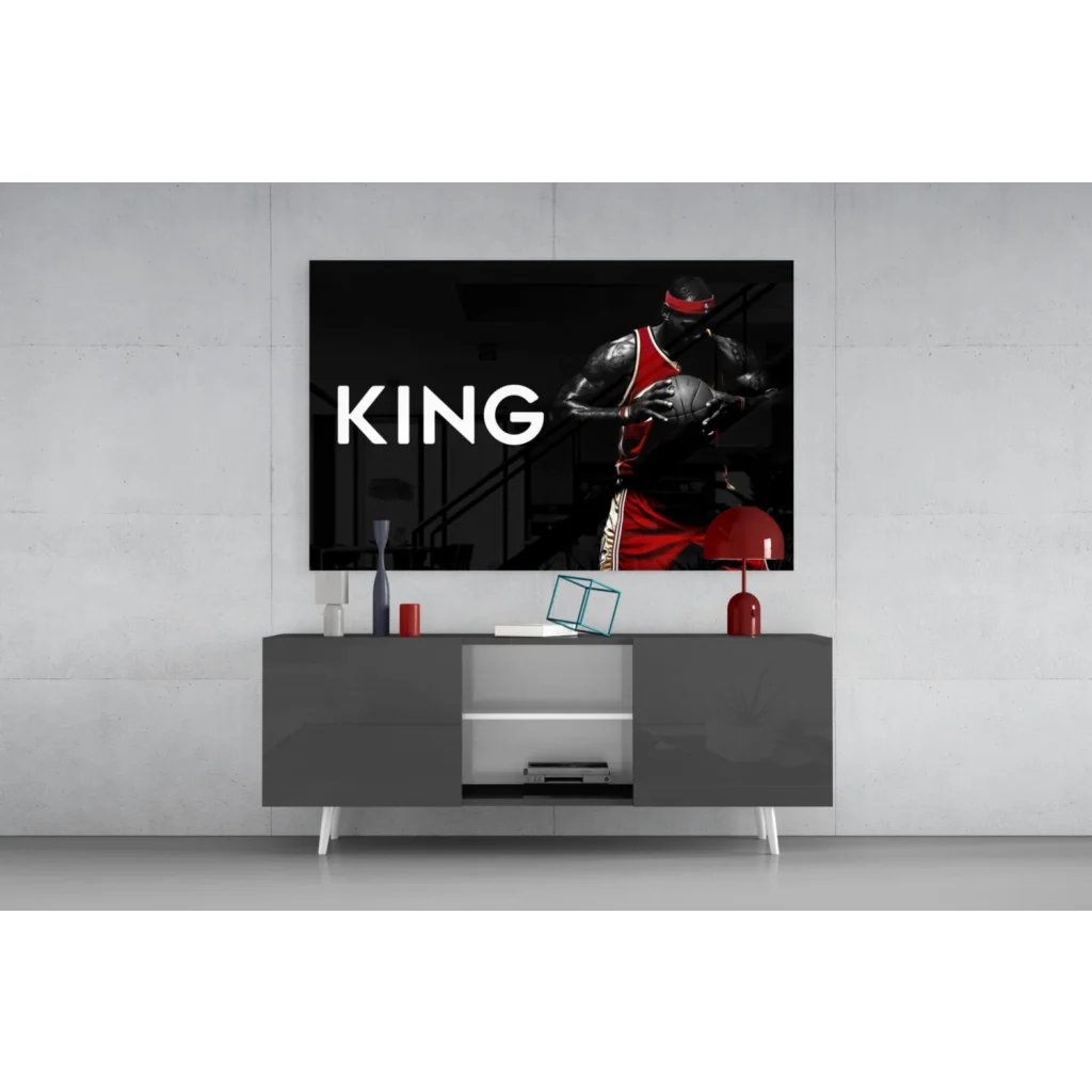 King basketball player black red poster on glass wall art