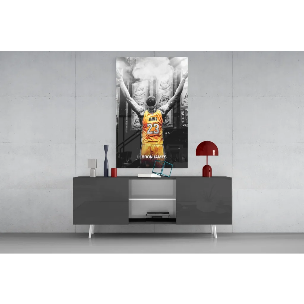 LeBron James Lakers glass wall art poster in black and white