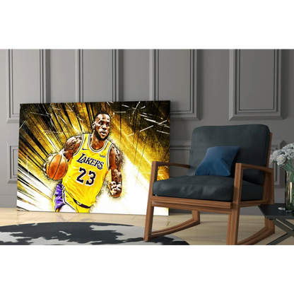 LeBron James Lakers glass wall art canvas in vibrant yellow, purple, and golden streaks