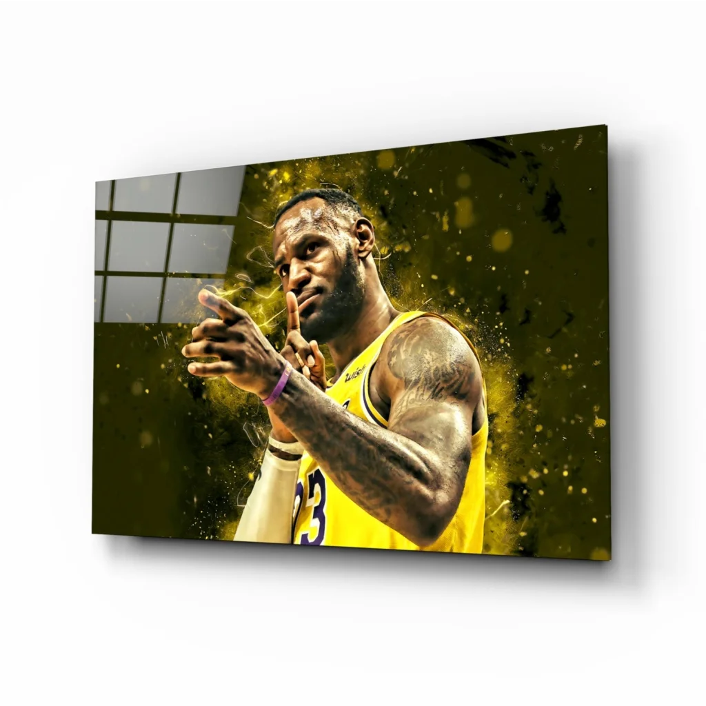 Vibrant LeBron James Lakers wall art canvas with golden splatter effects