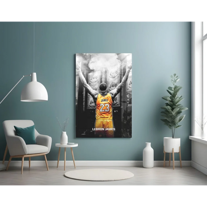 LeBron James Lakers glass wall art poster with vibrant yellow jersey