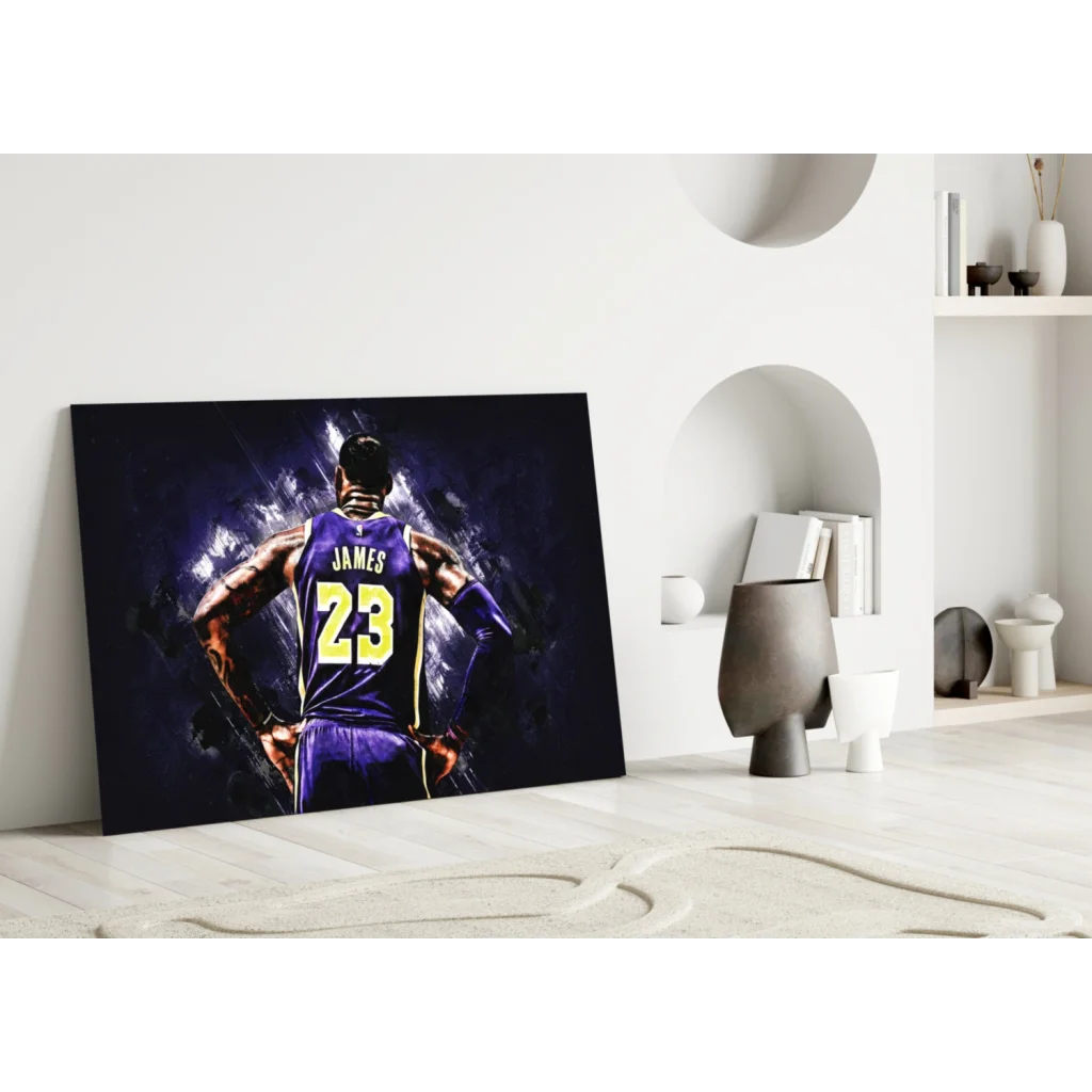 LeBron James Lakers 23 Jersey Glass Wall Art Canvas Print | Modern Wall Art Decor | vintageantiquesgifts.com