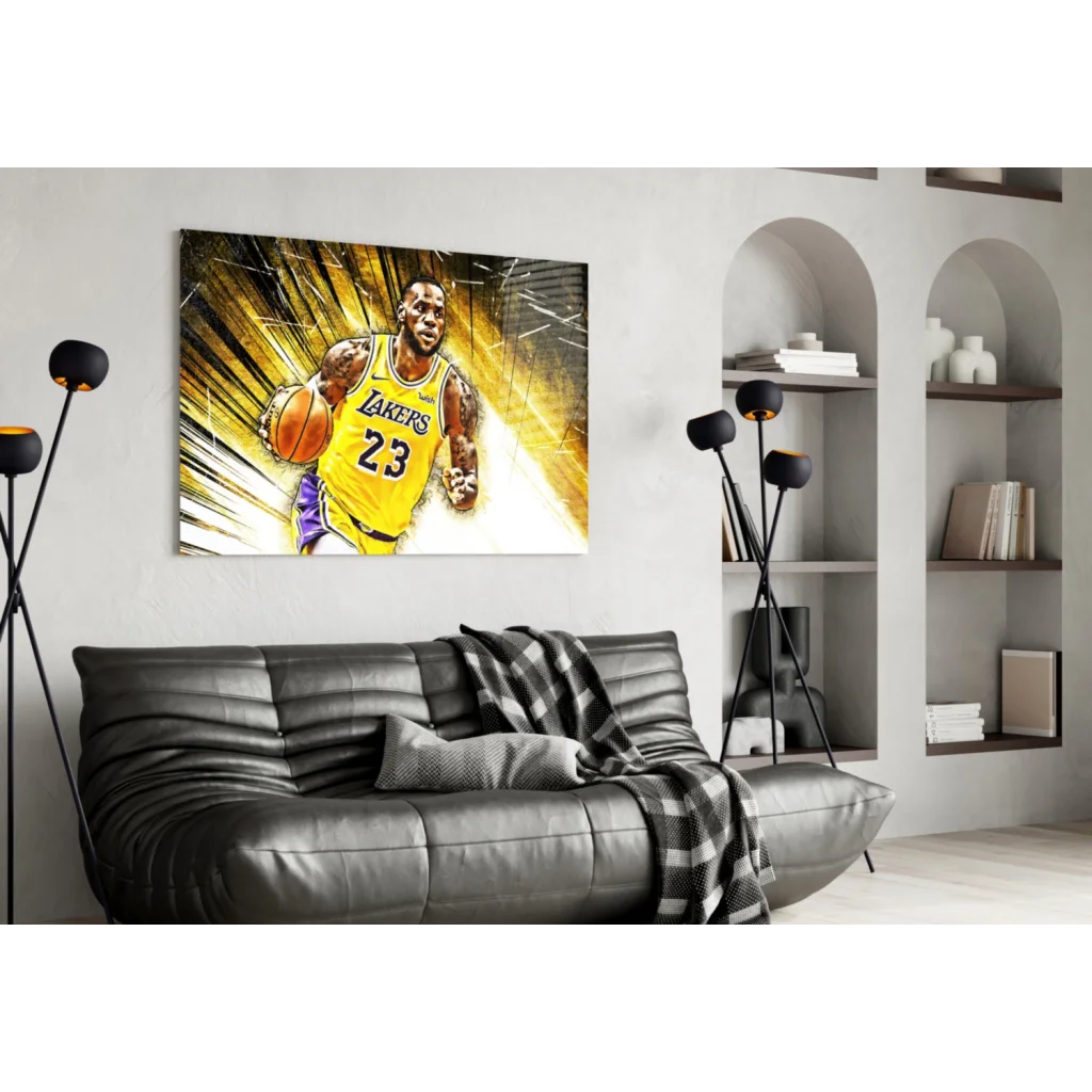 LeBron James Lakers glass wall art poster in vibrant yellow, purple, and gold