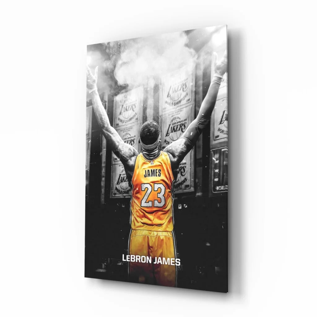 LeBron James Lakers championship glass wall art with vibrant yellow jersey
