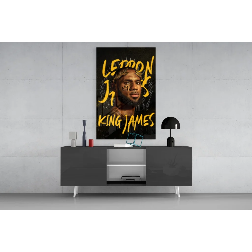LeBron James black and gold glass wall art portrait with King James text