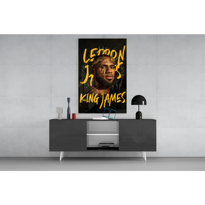 LeBron James black and gold glass wall art portrait with King James text