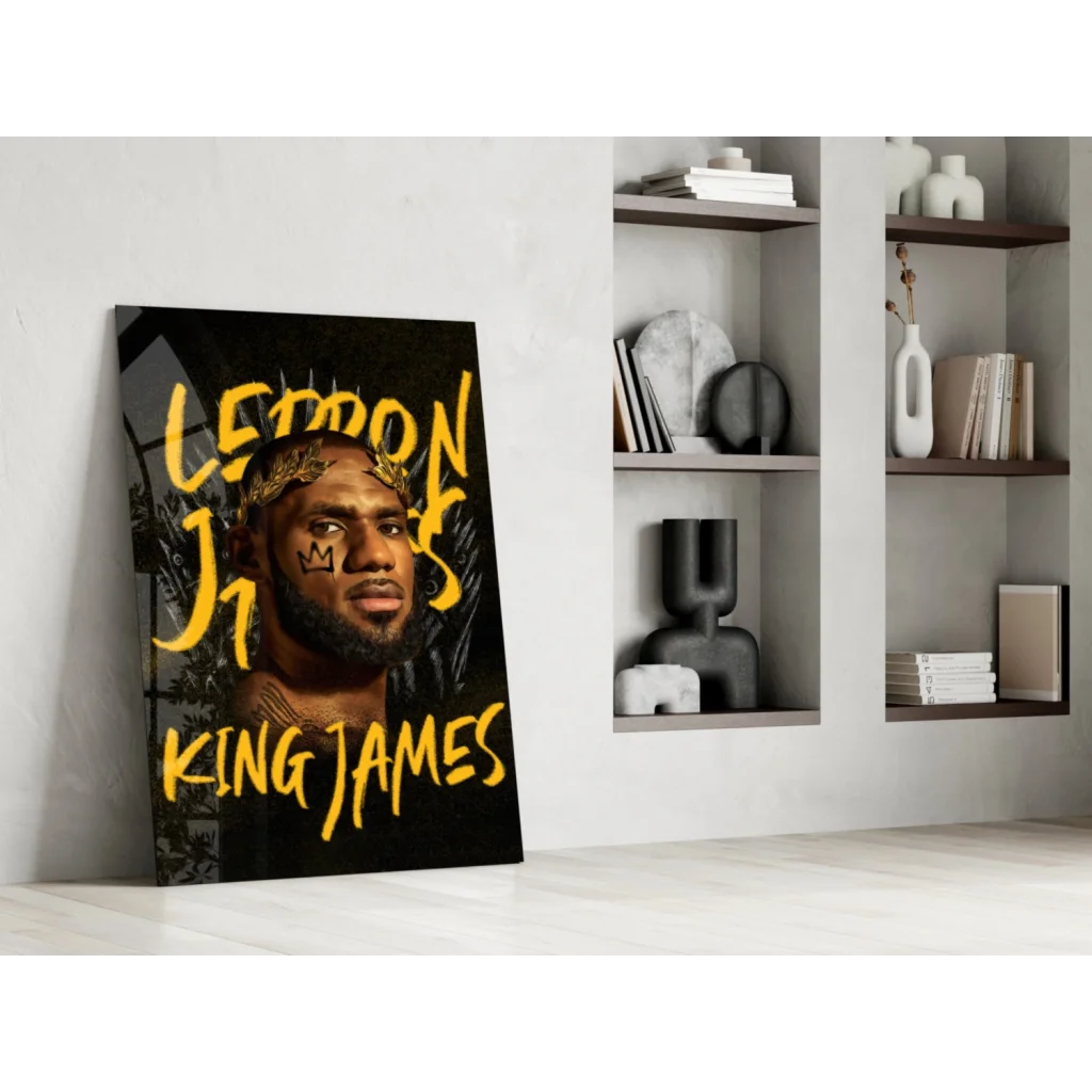 LeBron James black canvas glass wall art with yellow text and gold crown