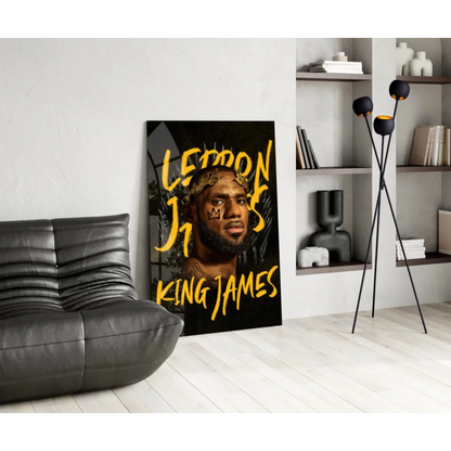 LeBron James glass wall art poster with King James text