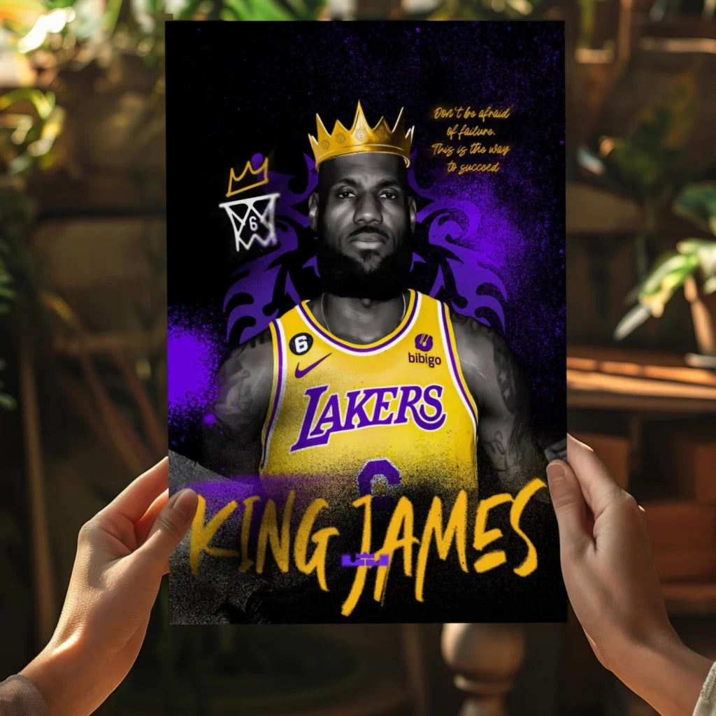LeBron James King Lakers jersey poster in purple gold crown aluminum print