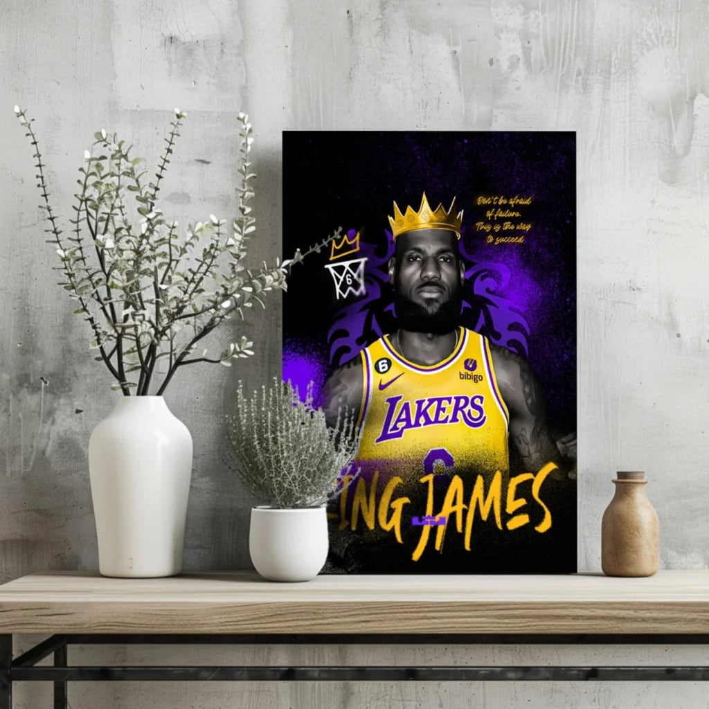 LeBron James King Lakers aluminum print with purple gold crown