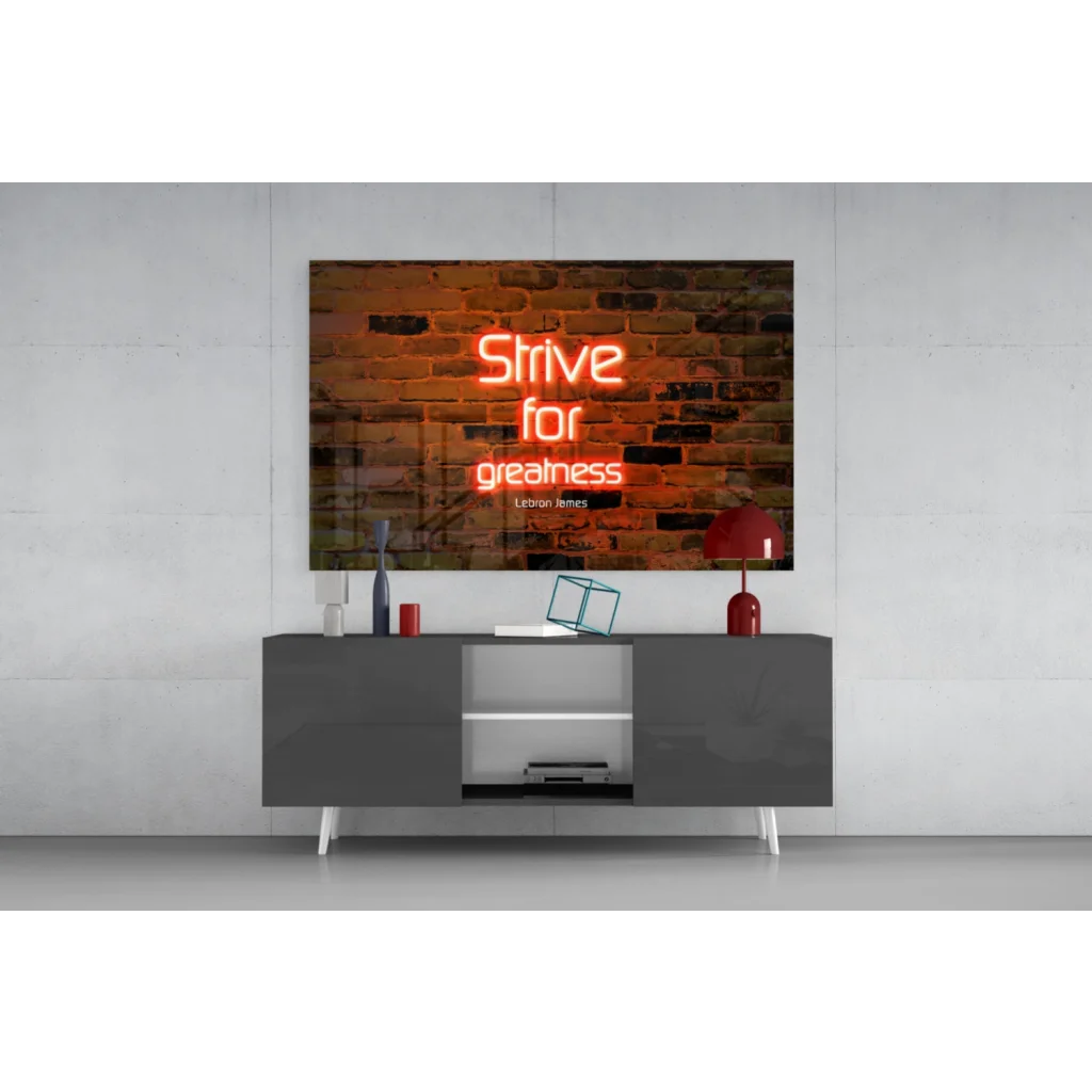 Glowing LeBron James neon glass wall art with Strive for Greatness sign
