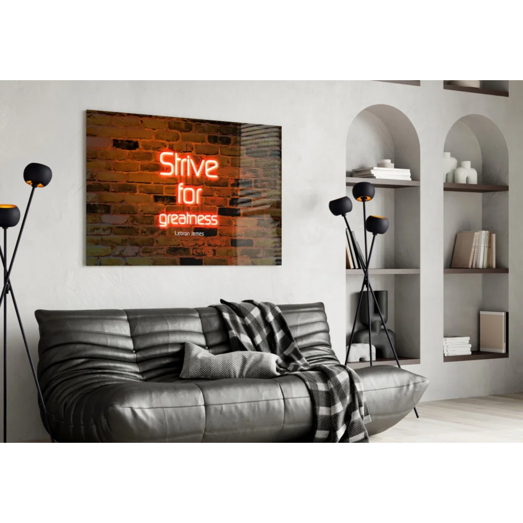 Neon orange Strive for Greatness LeBron James glass wall art on brick wall