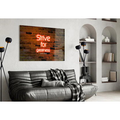 Neon orange Strive for Greatness LeBron James glass wall art on brick wall