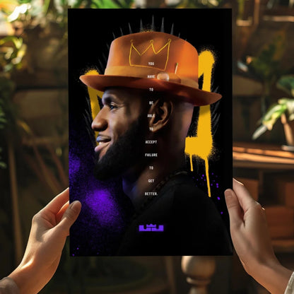 LeBron James orange crown aluminum print set of 4 with golden poster on black purple background