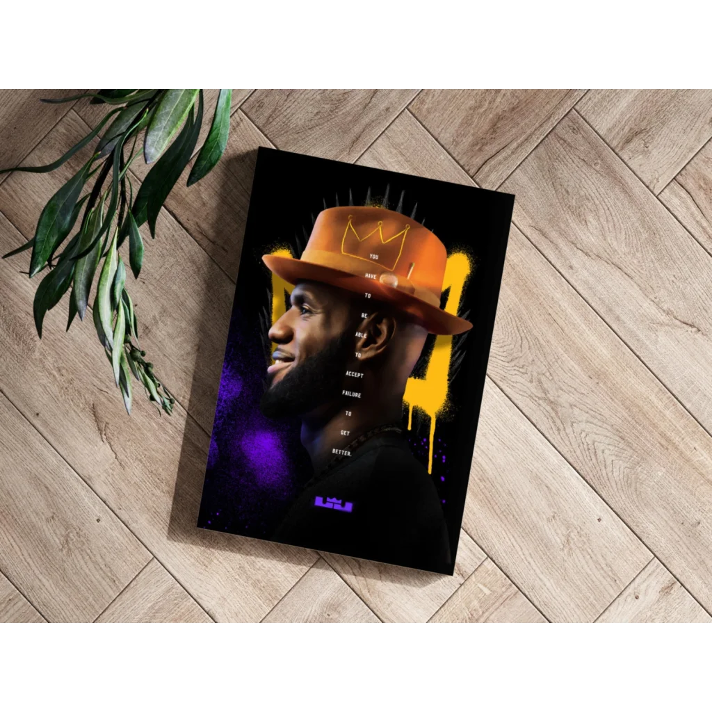 LeBron James orange crown poster with black accents and large L logo, set of 4 aluminum prints
