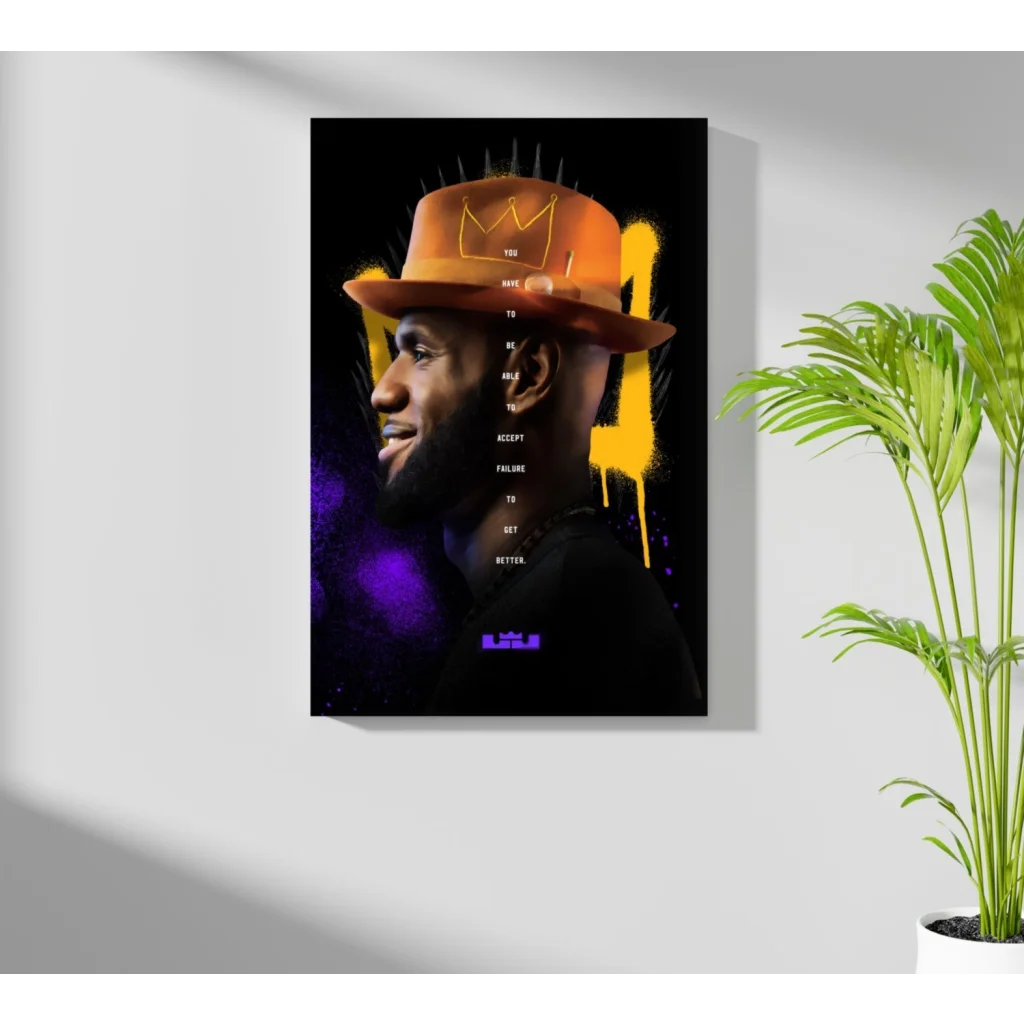 LeBron James orange crown poster with black hat on aluminum print