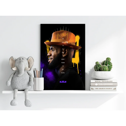 LeBron James orange crown poster with black background and yellow accents