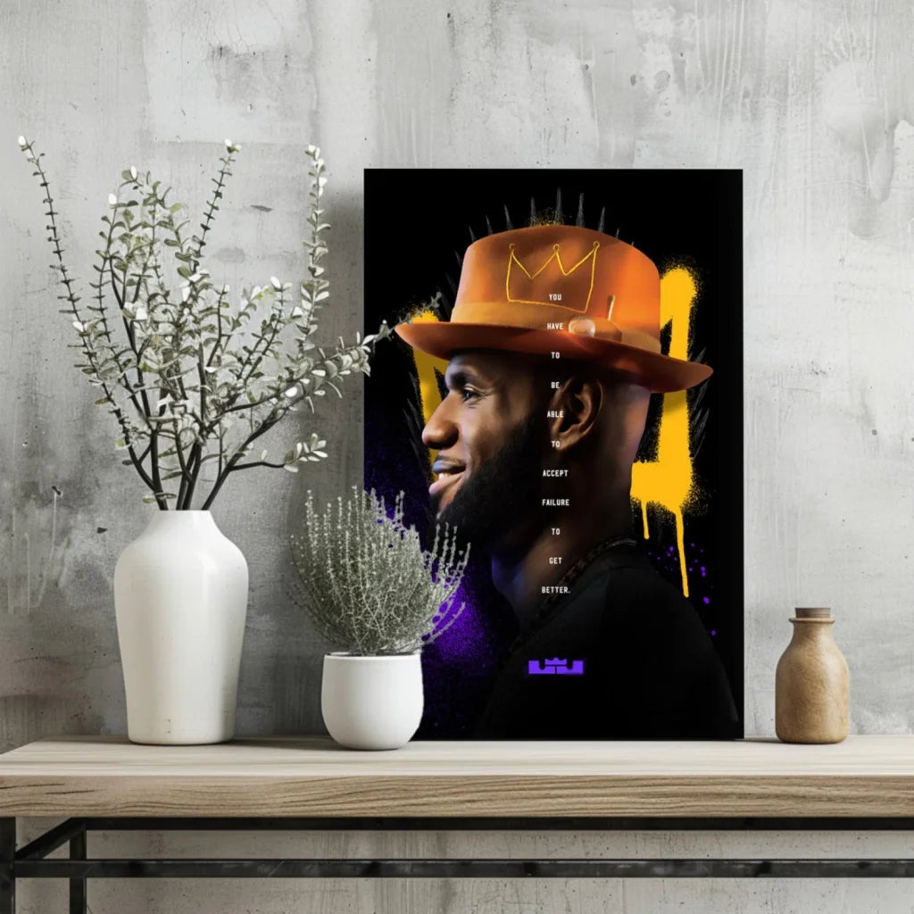 LeBron James orange crown hat poster on black with yellow drips, set of 4 aluminum prints