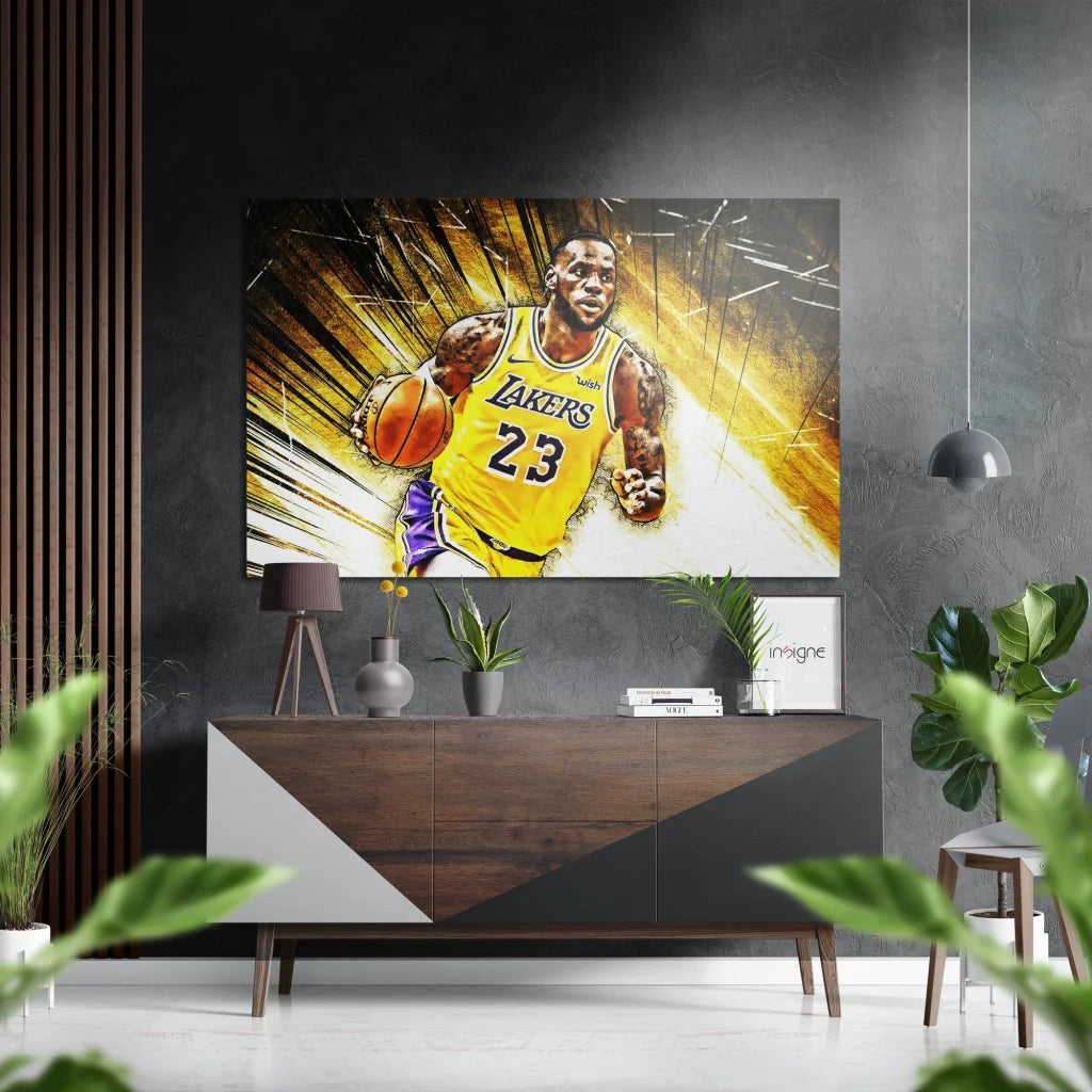 Vibrant 24x36 LeBron James Lakers poster on brushed aluminium dibond
