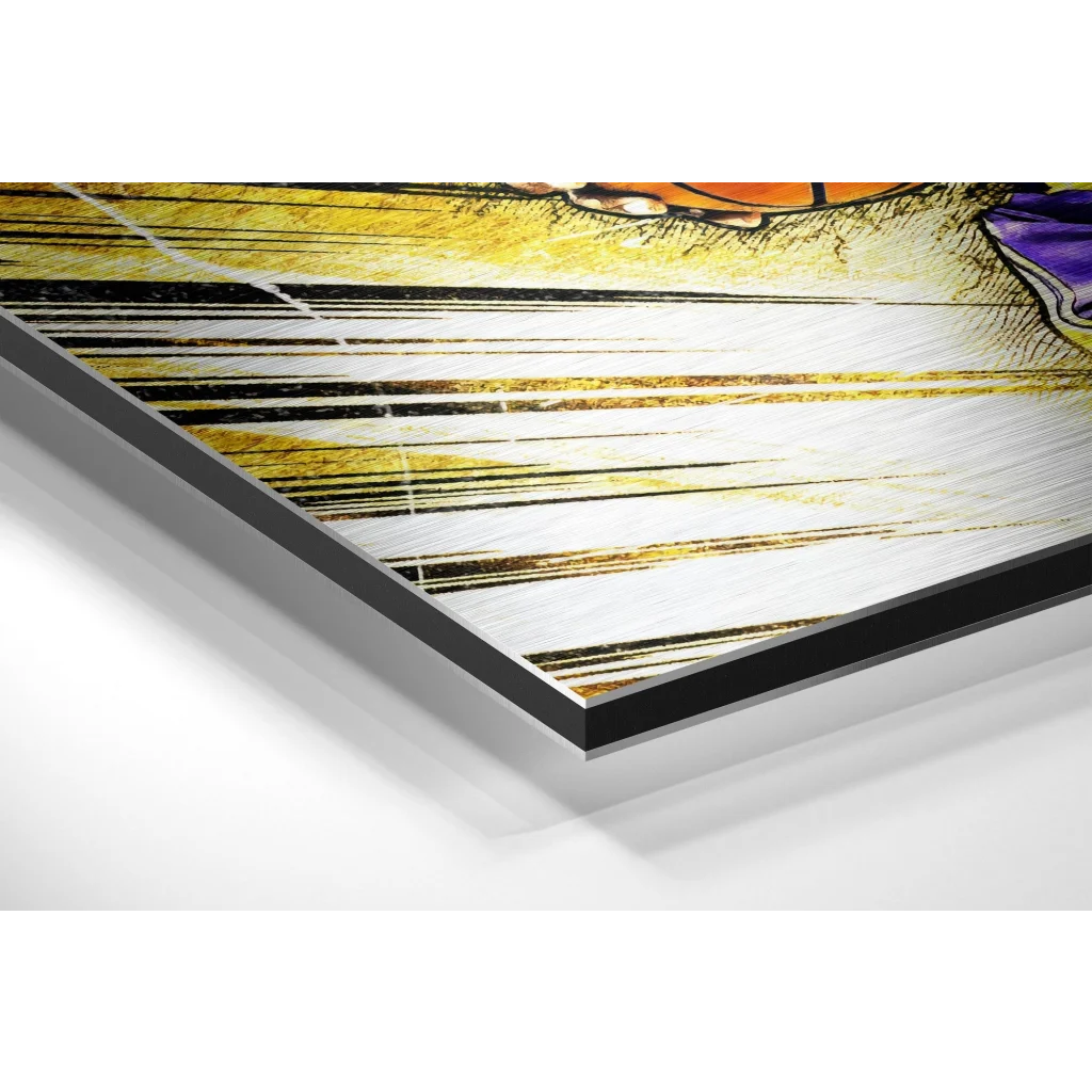 Glass Wall Art LeBron Lakers poster on brushed aluminium dibond with black gold frame and action basketball player