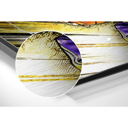 Gold and purple feathered plate on LeBron Lakers brushed aluminium dibond