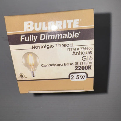 LED G16 globe filament nostalgic Bulbrite bulb, 2.5W 2200K candelabra