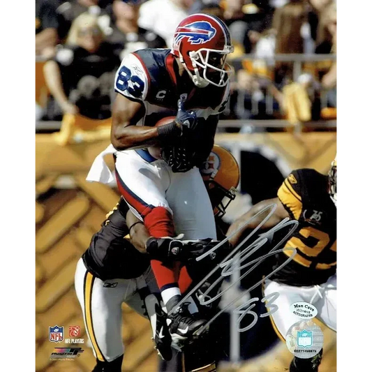 Autographed football photo of Lee Evans Buffalo Bills in white and blue jersey