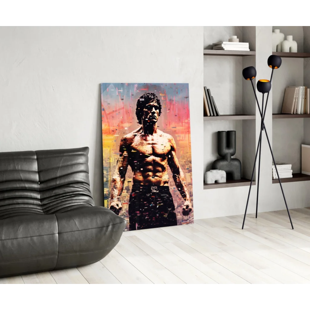 Vibrant Bruce Lee graffiti canvas wall art with muscular man at sunset