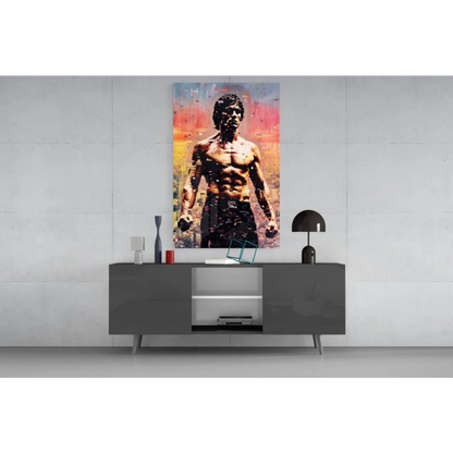Vibrant pixelated Bruce Lee boxing canvas wall art with sunset backdrop