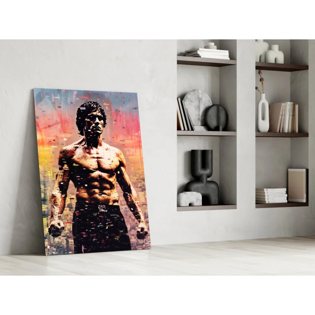 Vibrant Bruce Lee canvas wall art with muscular man in black pants on colorful cityscape
