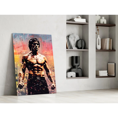 Vibrant Bruce Lee canvas wall art with muscular man in black pants on colorful cityscape