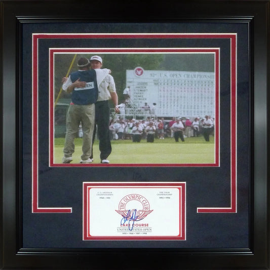 Lee Janzen autographed Olympic Club scorecard deluxe framed with 1998 US Open 8x10 photo