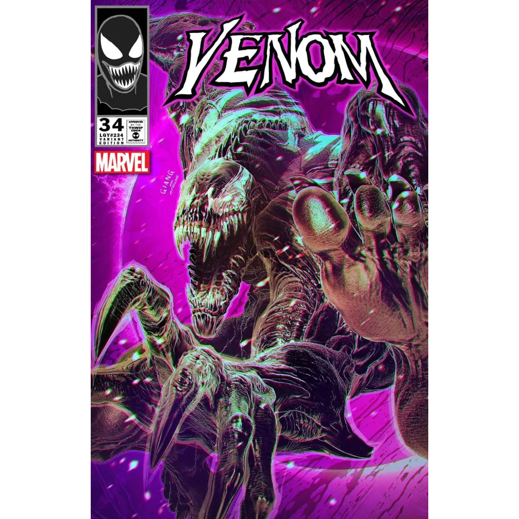 Lee Price Venom symbiote alien creature wall art poster with menacing green purple hues, sharp teeth, and glowing eyes