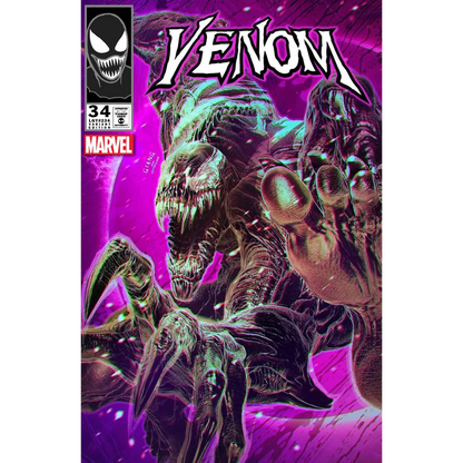 Lee Price Venom symbiote alien creature wall art poster with menacing green purple hues, sharp teeth, and glowing eyes