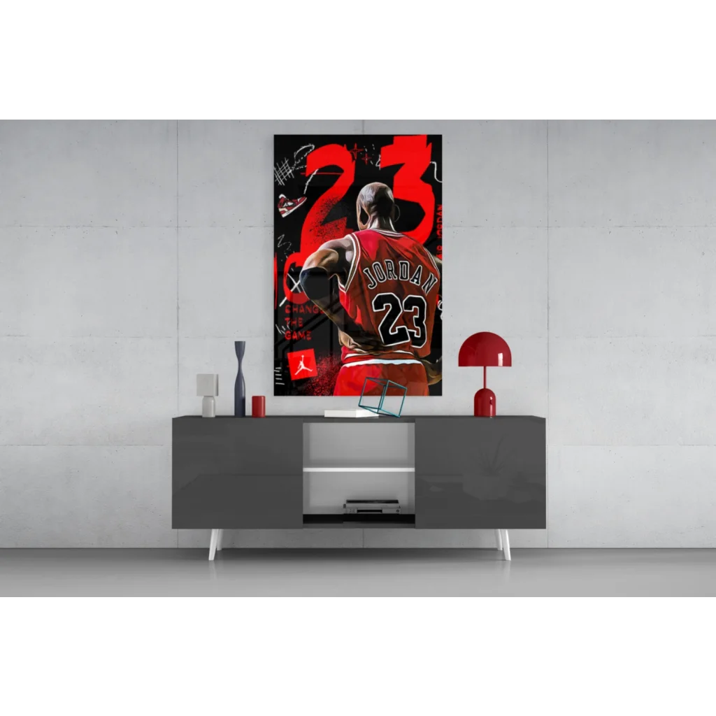 Michael Jordan 23 Jersey Glass Wall Art Print in Red Black