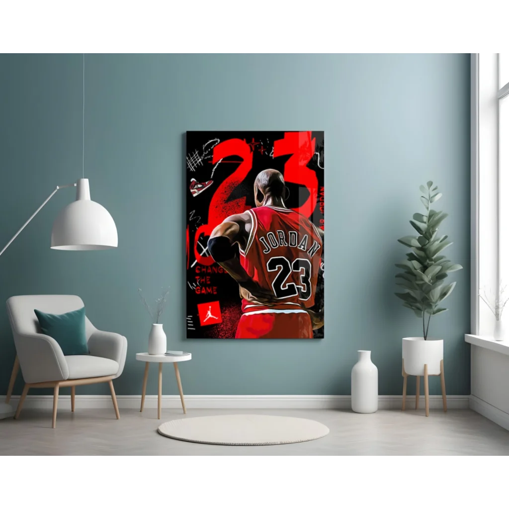 Michael Jordan 23 glass wall art print in legendary jersey design