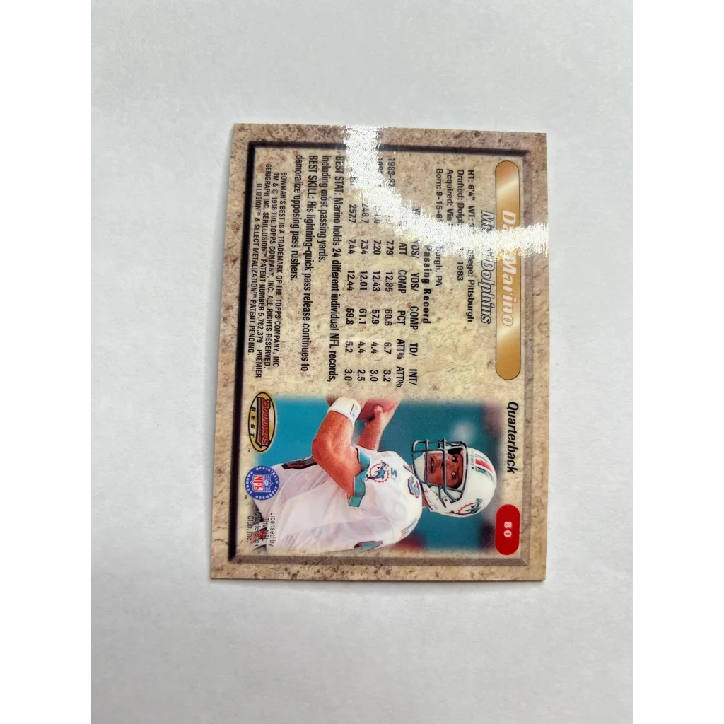 Vintage Dan Marino card featuring his stats and photo from Dolphins prime days