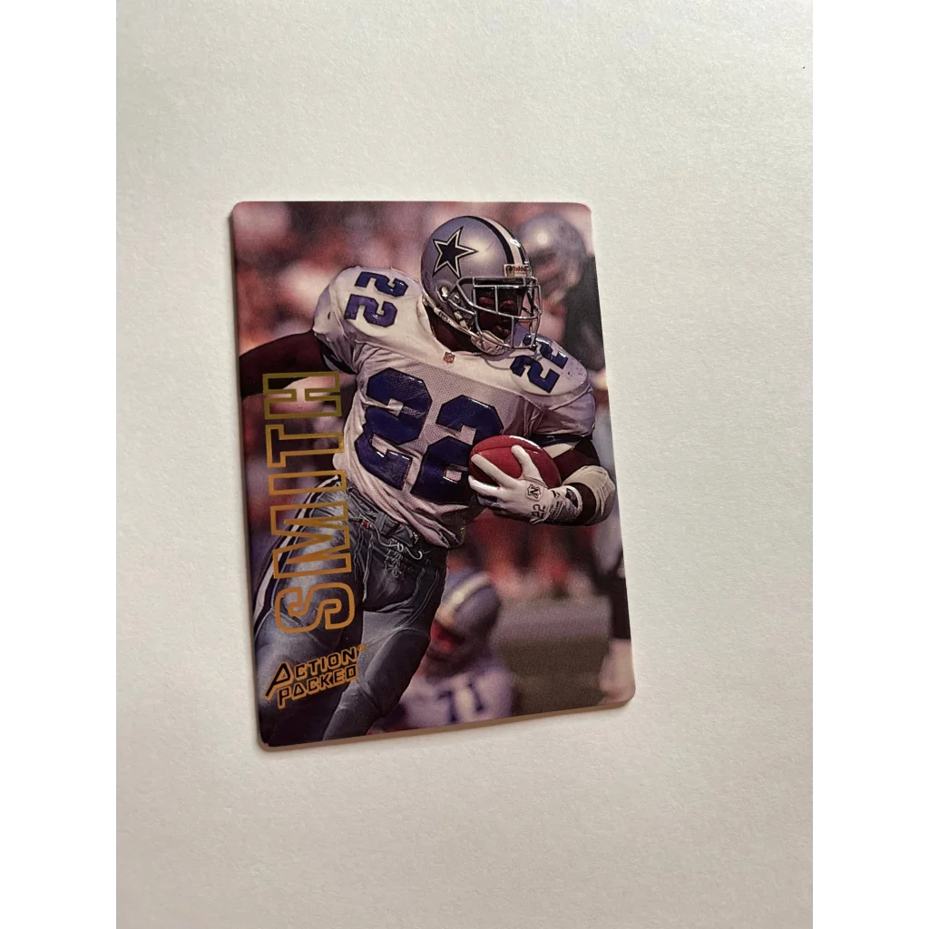 Emmit Smith card featuring Dallas Cowboys player in running pose on 1993 NFL trading card