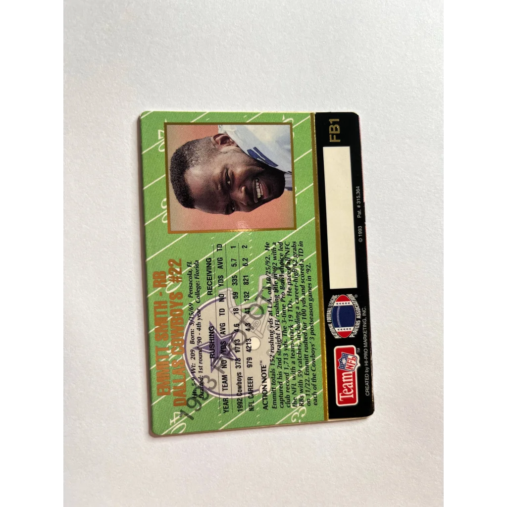Emmitt Smith 1993 Dallas Cowboys NFL trading card for collectors and fans