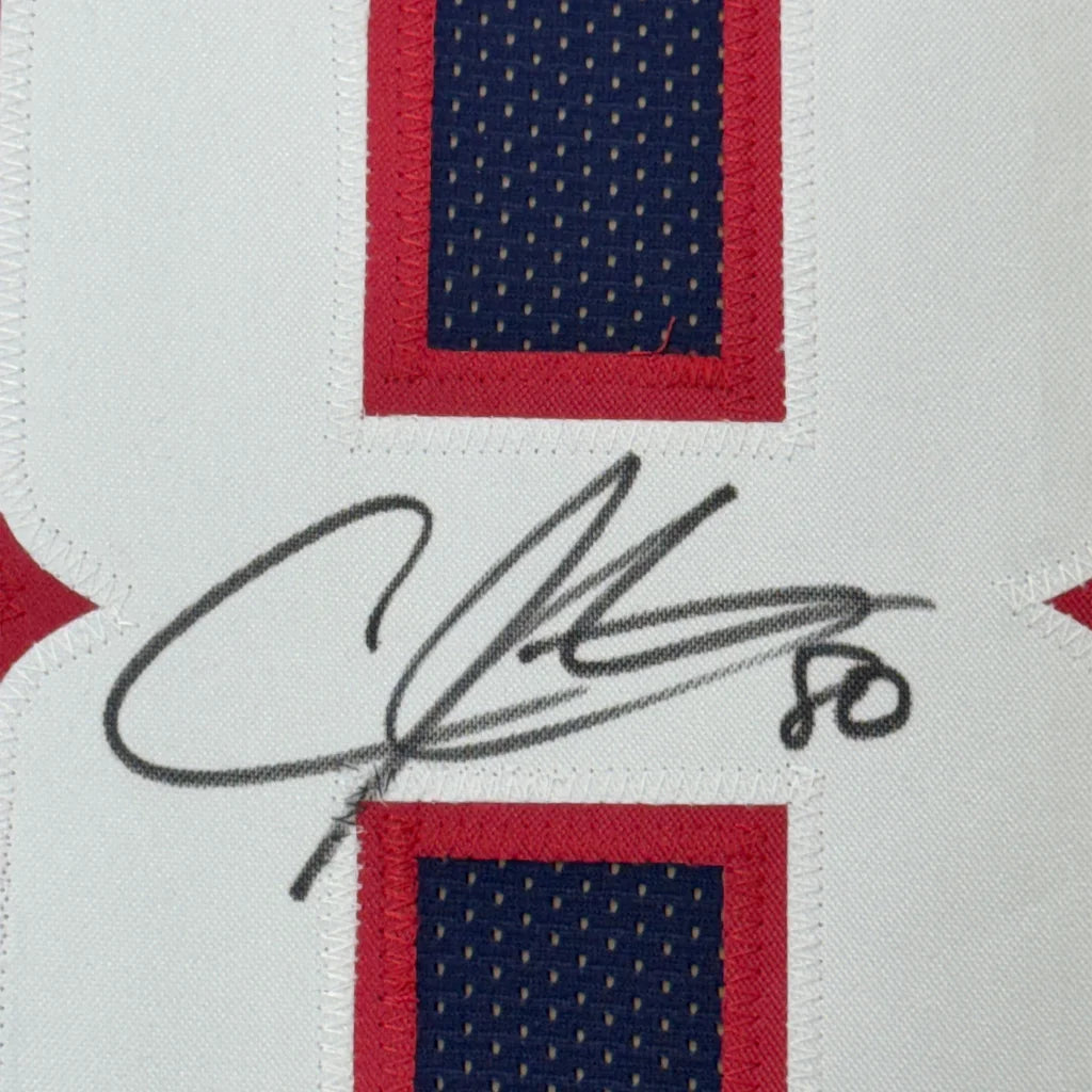 White Sports Jersey with Red and Blue Accents Signed by Number 80 for Wall Display