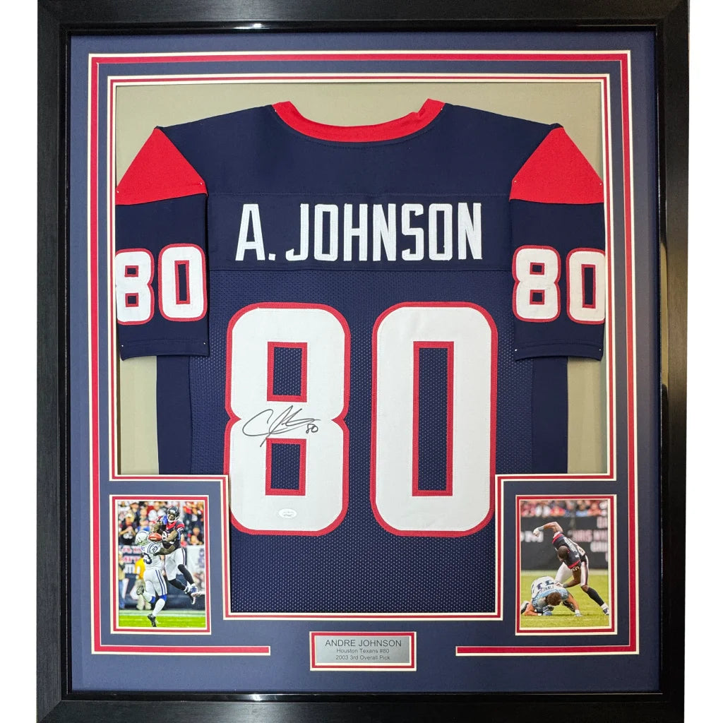Framed autographed NFL Football Jersey with display cards ready to hang on your wall