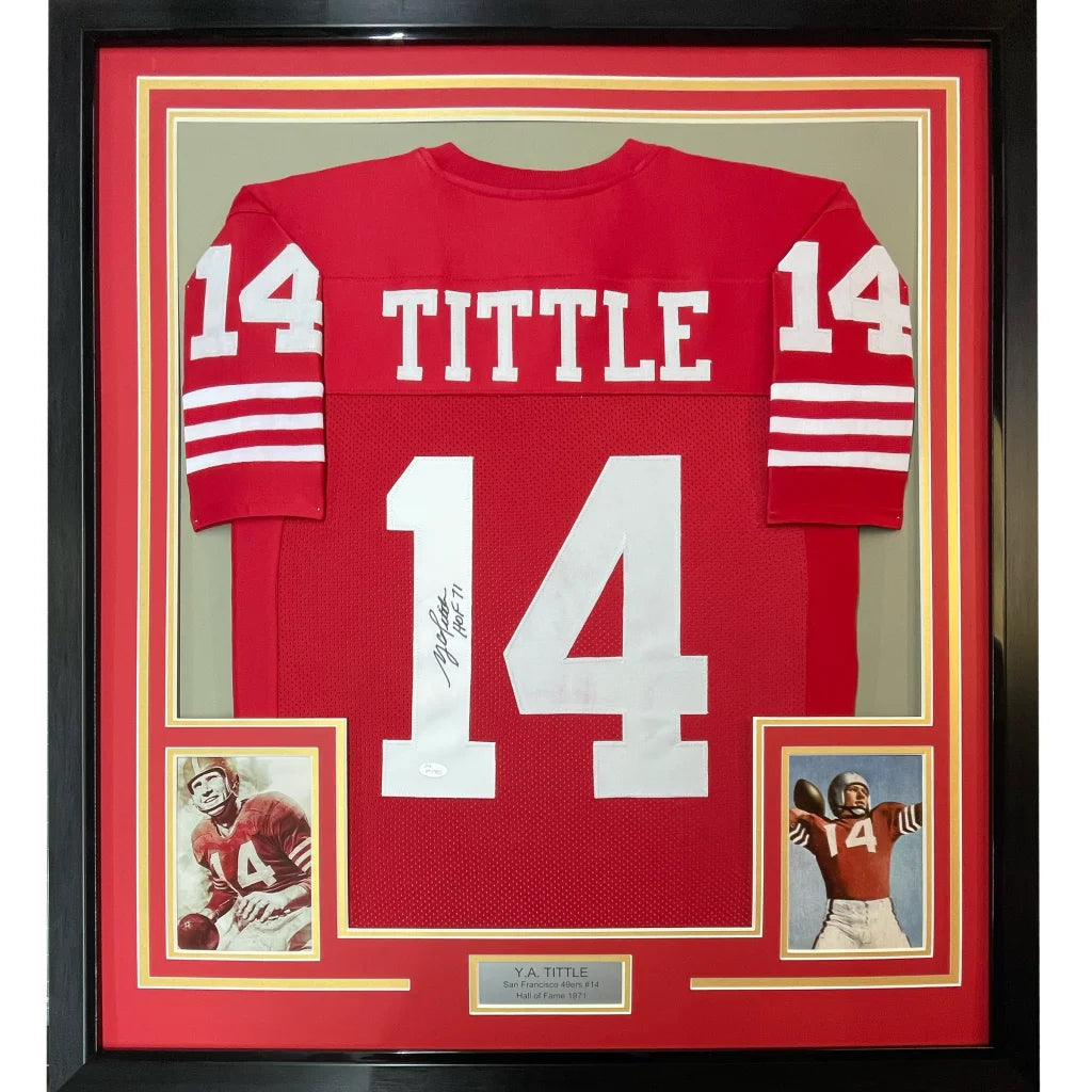 Framed Y.A. Tittle autographed football jersey with photos and plaque for wall display