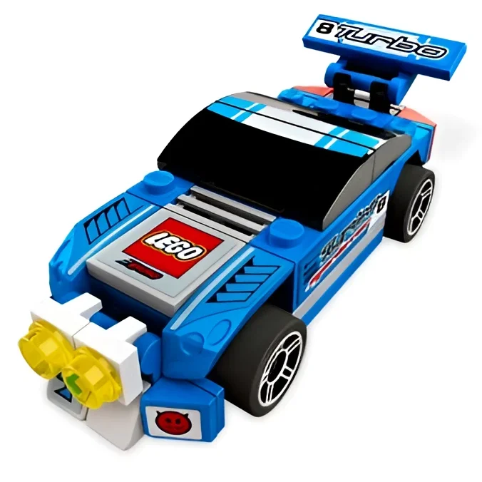 Blue Lego Rally Sprinter Tiny Turbos race car set with yellow headlights and black tires