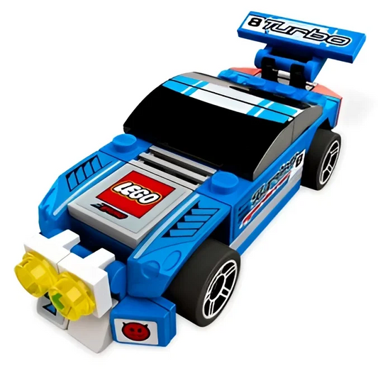 Blue Lego Rally Sprinter Tiny Turbos race car set with yellow headlights and black tires